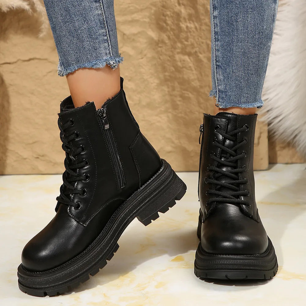 Stylish Lace Up Platform Boots : Side Zip